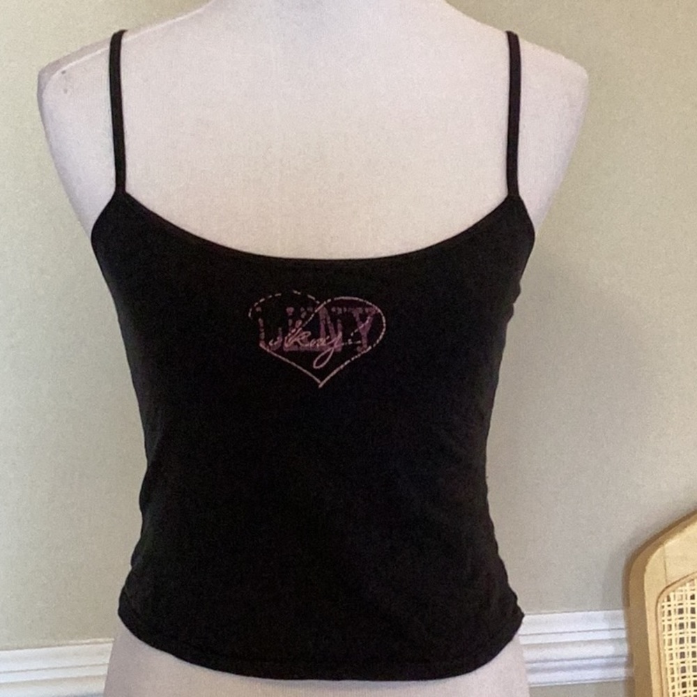 DKNY black Lycra cropped tank with adjustable spaghetti straps and DKNY …
